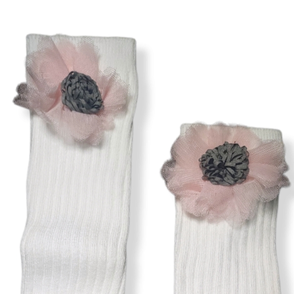 Adorable Knee High Cotton Socks for Girls (1-3yrs) - White with Pink Flower - Picture 4 of 6